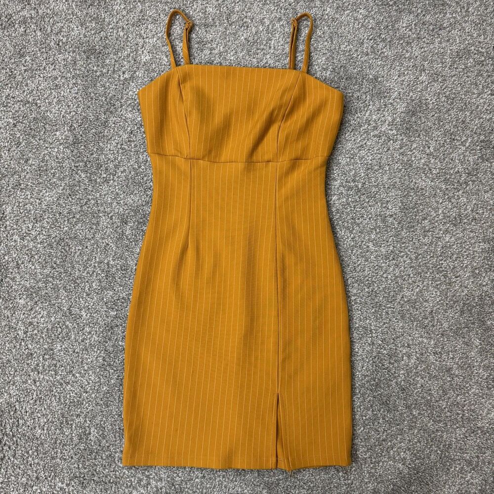 Forever 21 Dress Womens Small Yellow Striped Bodycon Mini Spaghetti Strap Lined